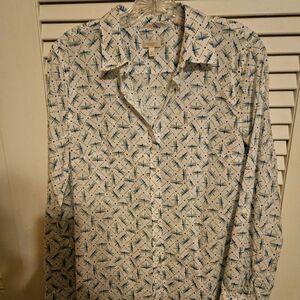 Women's Talbots White and Blue Patterned Shirt-dragonfly Button Front